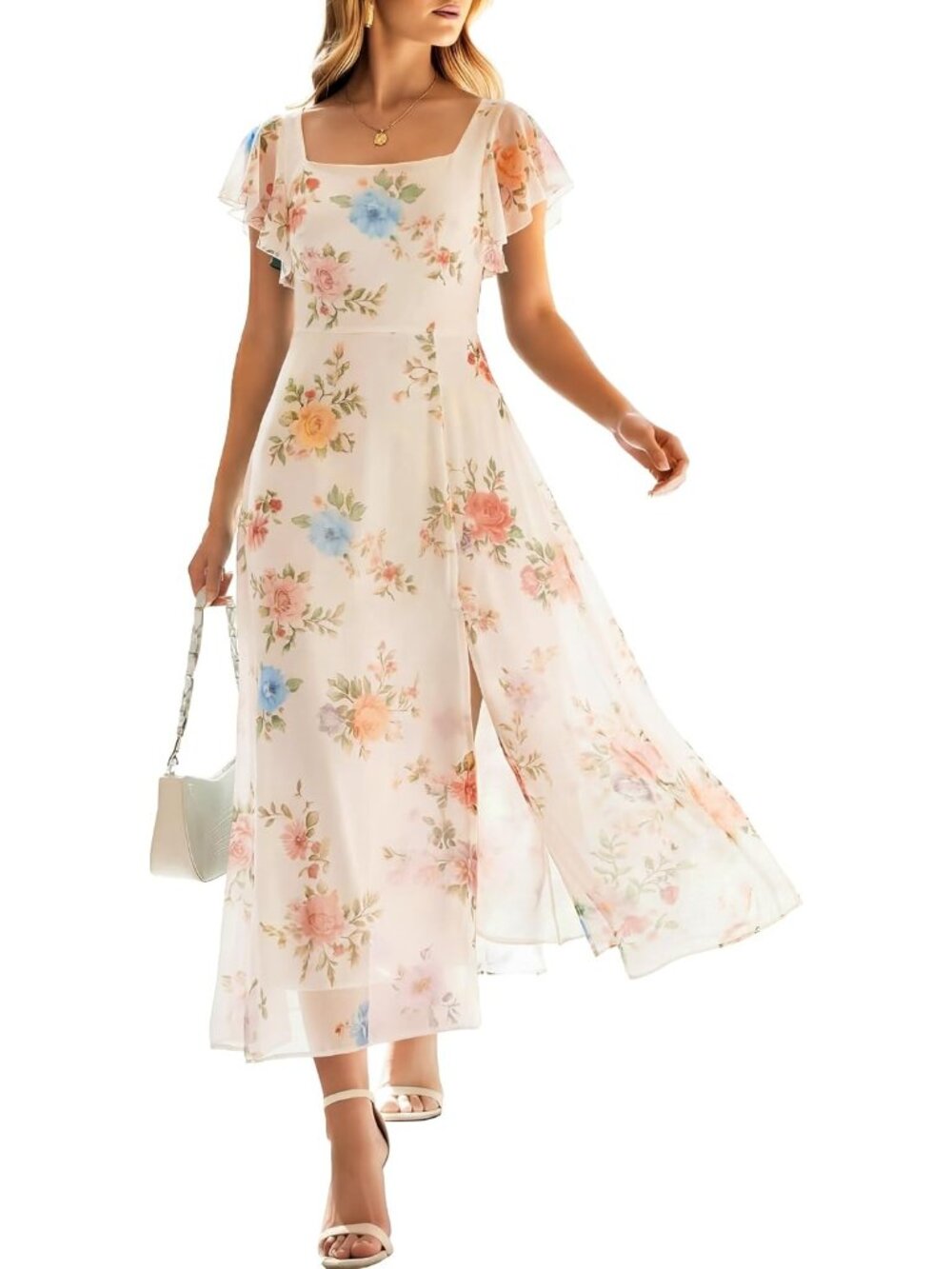 Women's Multicolored Rose Apricot Square Neck Tulle Wedding Guest Midi Dresses